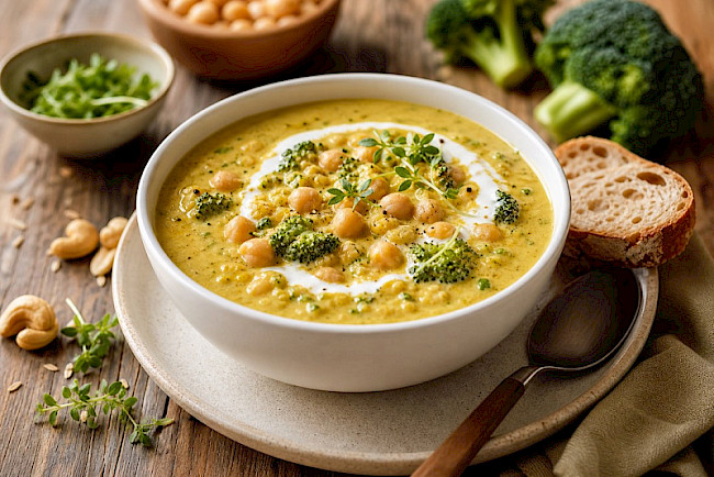Cremige Brokkoli-„Cheddar"-Suppe mit Cashew und Kichererbsen