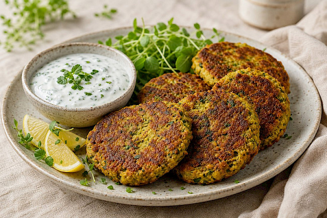 Gebackene Brokkoli-Puffer mit Kräuter-Sojajoghurt-Dip
