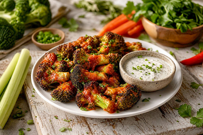 Brokkoli-„Buffalo-Wings" aus dem Ofen mit veganem Ranch-Dip