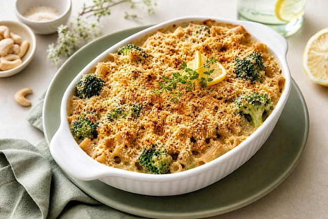 Brokkoli-Nudelauflauf „Alfredo" (vegan, Cashew)