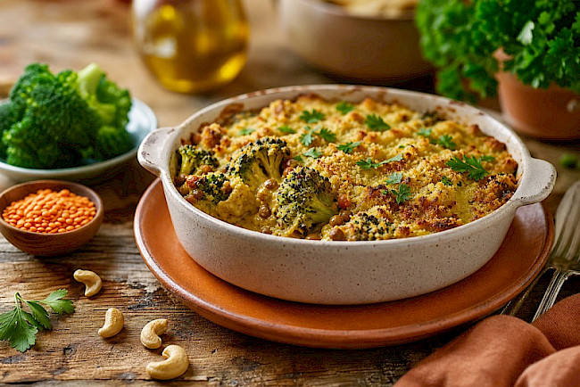 Brokkoli-Linsen-Auflauf mit Cashew-Béchamel