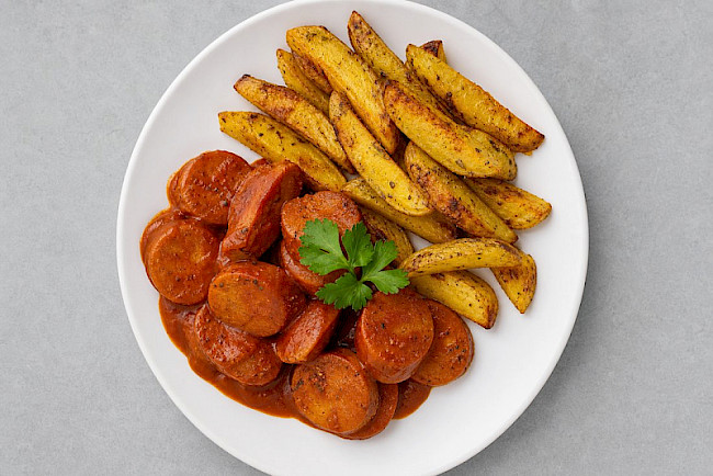 Vegane Currywurst (Soja) mit Ofen-Pommes