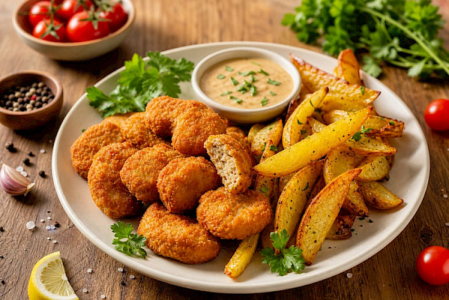 Vegane „Hähnchen"-Nuggets (Erbsenprotein) mit Pommes