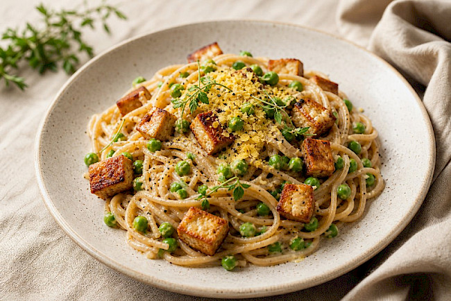 Vegane Carbonara mit Räuchertofu und Erbsen