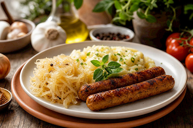 Vegane Bratwurst mit Sauerkraut und Kartoffelpüree