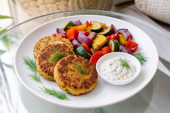 Vegane Frikadellen (Soja) mit Senf-Dip und Ofengemüse
