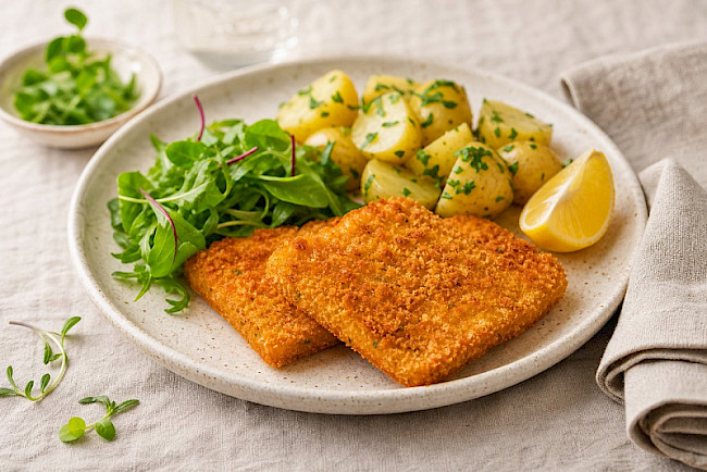 Tofu-Schnitzel (paniert) mit Zitrone und Petersilienkartoffeln