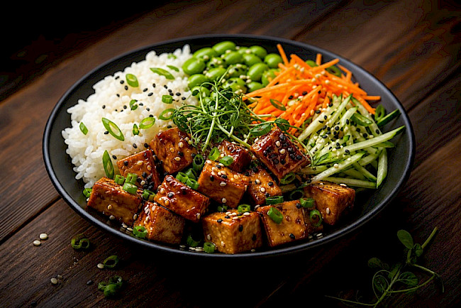 Buddha Bowl „Teriyaki-Tofu" mit Reis und Edamame