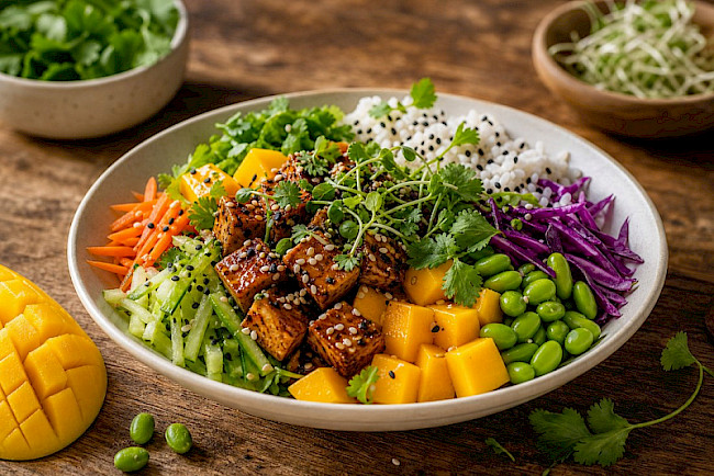 Tofu-Poké-Bowl mit Edamame und Mango