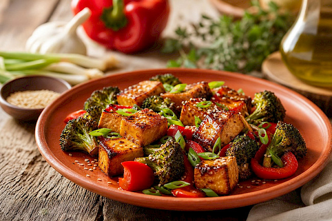 Miso-Glasur-Tofu aus dem Ofen mit Sesam-Gemüse