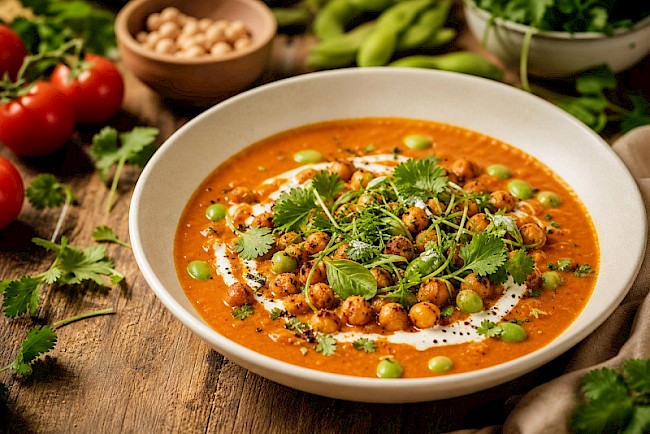 Cremige Tomaten-Kokos-Suppe mit Kichererbsen