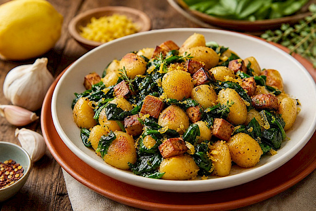 Gebratene Gnocchi mit Spinat und Räuchertofu