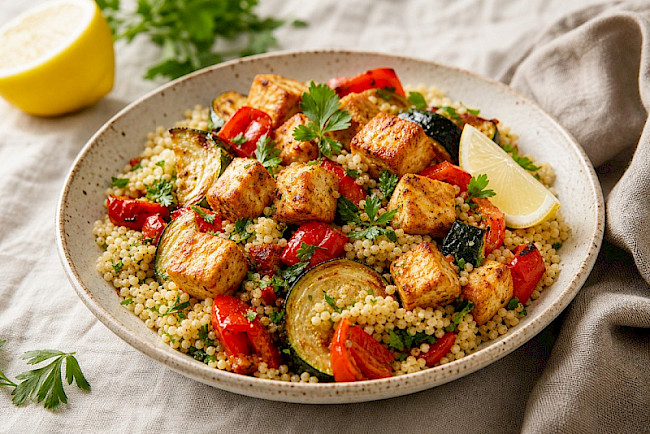 Mediterrane Couscous-Bowl mit Tofu und Ofengemüse