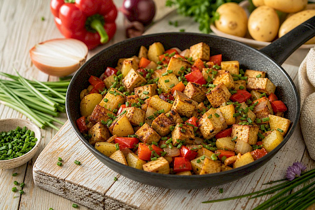 Herzhaftes Tofu-Bauernfrühstück mit Kartoffel und Paprika (Hash)