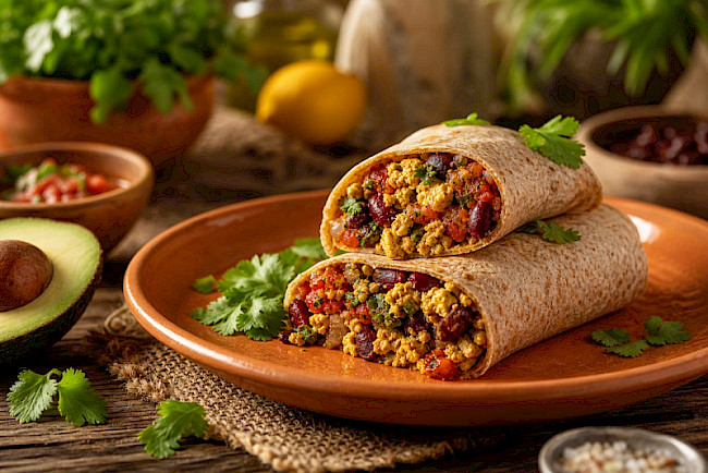 Frühstücks-Burrito mit Tofu-Rührei, Bohnen und Salsa