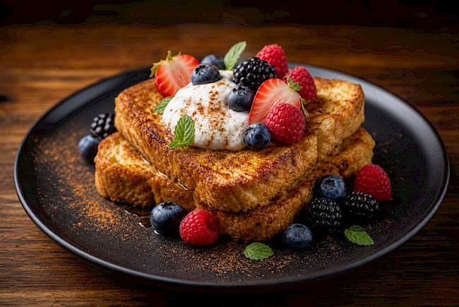 Vegane French Toast mit Zimt, Beeren und Sojajoghurt