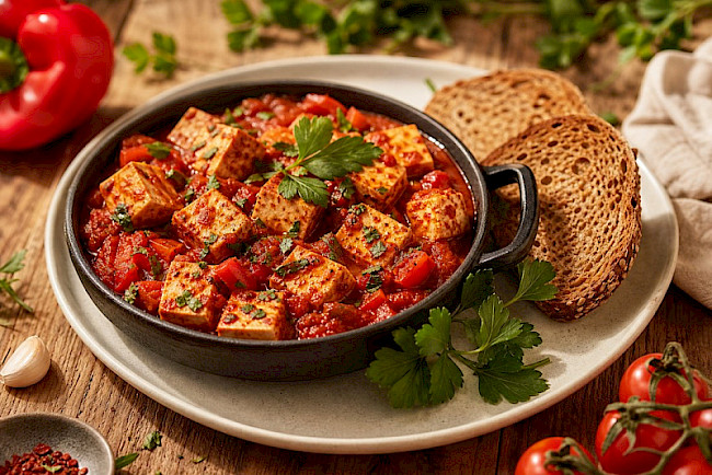 Tofu-„Shakshuka" in würziger Paprika-Tomatensauce