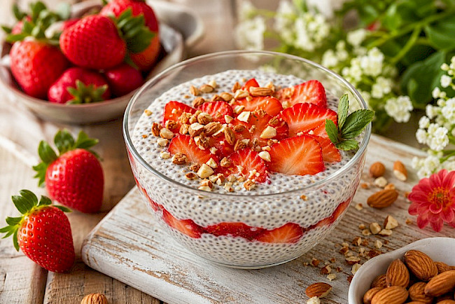 Erdbeer-Chia-Pudding mit Sojamilch und Mandeln