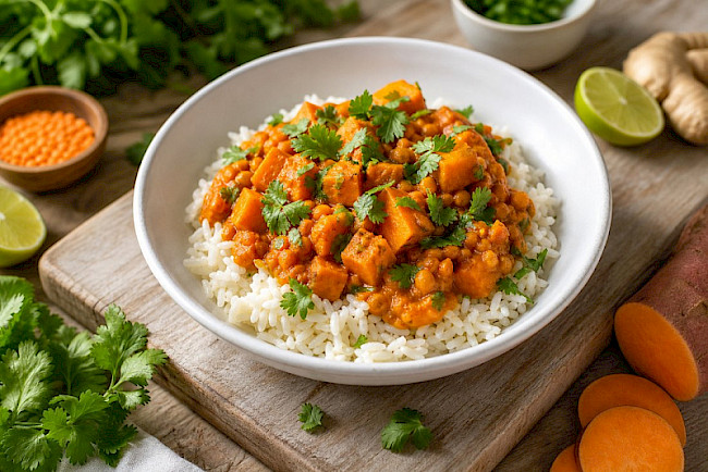 Süßkartoffel-Linsen-Curry mit Reis
