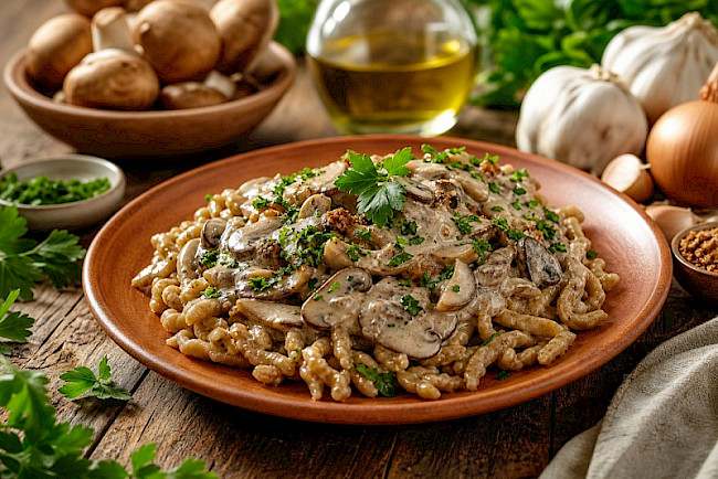 Veganes Pilz-„Geschnetzeltes" mit Spätzle
