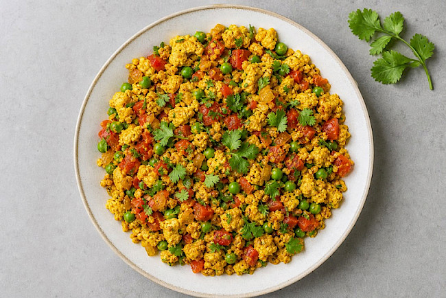 Indisches Tofu-Bhurji mit Tomaten und Erbsen