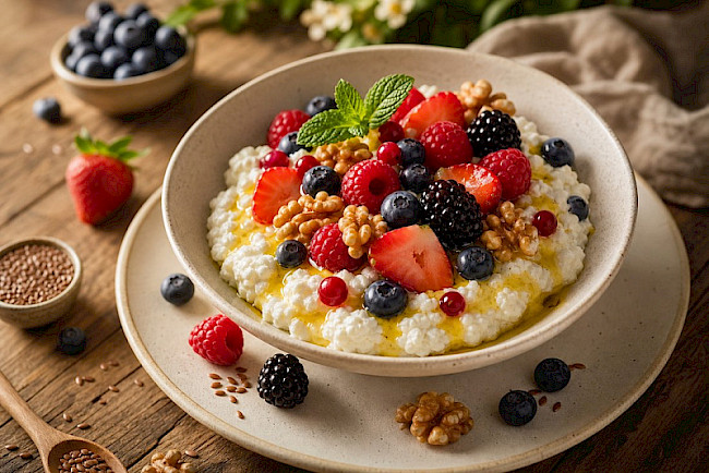 Sojaquark-Bowl mit Leinöl, Beeren und Walnüssen