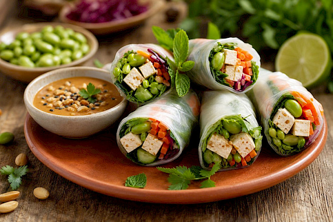 Vietnamesische Tofu-Sommerrollen mit Erdnussdip