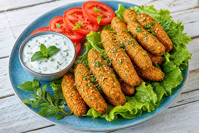 Linsen-Köfte mit Bulgur und Minz-Sojajoghurt