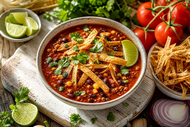 Mexikanische Tortilla-Suppe mit schwarzen Bohnen