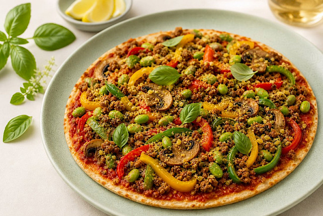 Vegane Pizza mit Gemüse und veganem „Käse"