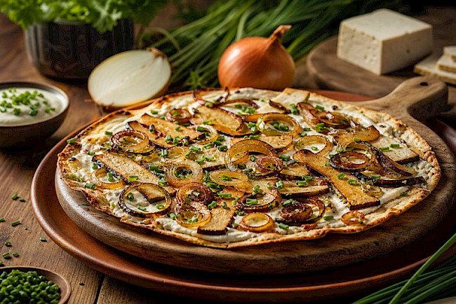 Veganer Flammkuchen mit Räuchertofu und veganer Crème