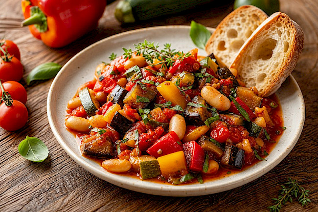 Ratatouille mit weißen Bohnen und Kräuterbaguette