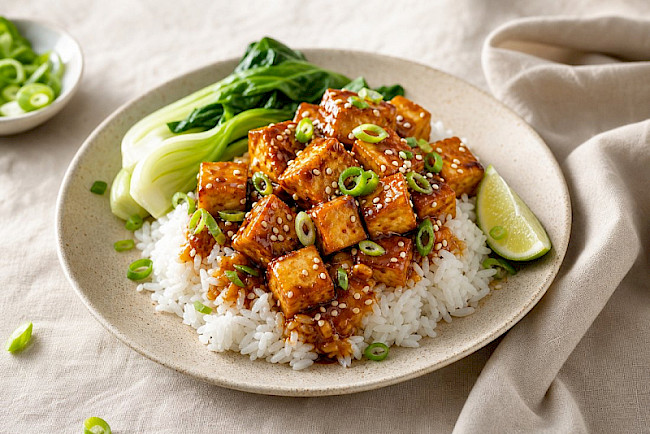 Tofu in Erdnuss-Hoisin-Sauce mit Reis