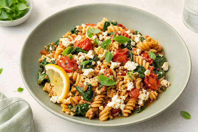 One-Pot-Pasta mit Tomaten, Spinat und Feta
