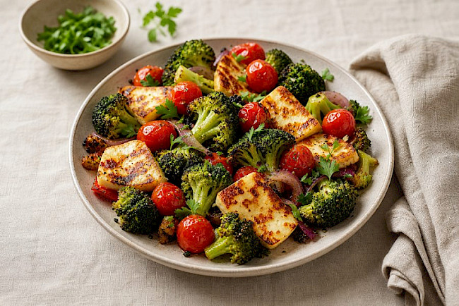 Brokkoli-Halloumi-Ofenblech mit Cherrytomaten
