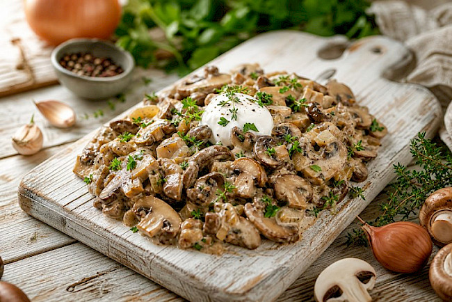 Cremige Pilz-Stroganoff-Pfanne mit Sauerrahm