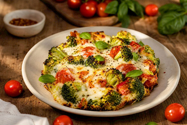 Überbackener Brokkoli-Caprese-Auflauf mit Mozzarella