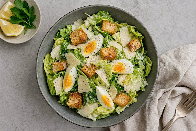 Caesar Salad vegetarisch mit Ei und Parmesan-Croutons