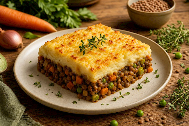 Shepherd's Pie vegetarisch mit Linsen und Käsehaube