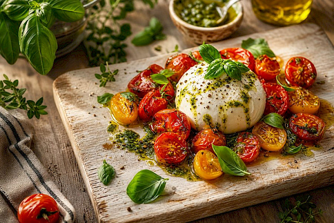Burrata mit Ofentomaten und Basilikumöl