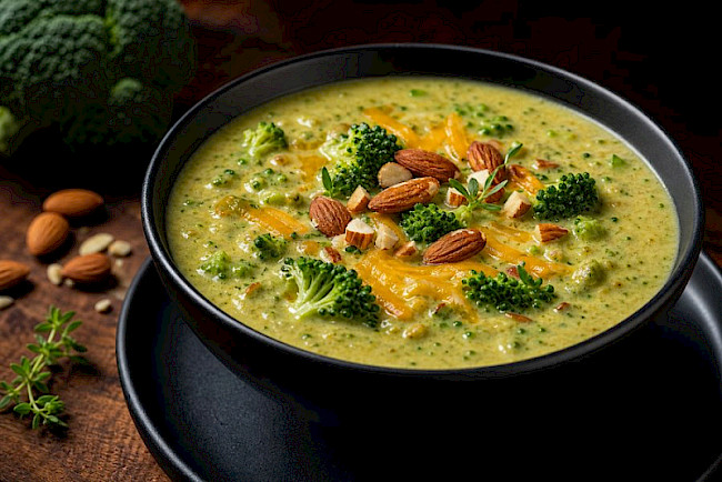 Cremige Brokkoli-Cheddar-Suppe mit Mandeln