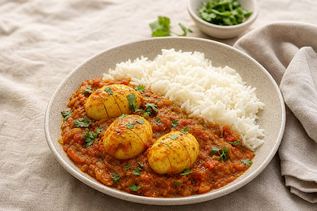 Indisches Eier-Curry (Anda Curry) mit Reis