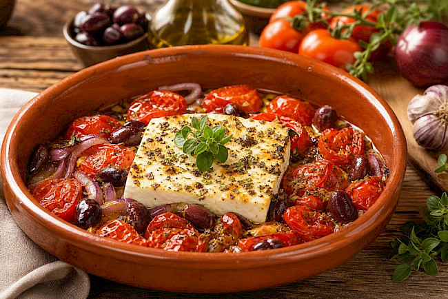 Feta psiti – Ofen-Feta mit Tomaten und Oliven