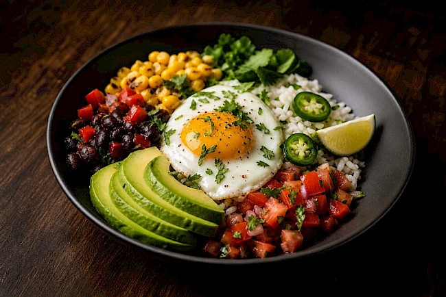 Mexikanische Bowl mit Ei, Bohnen und Avocado