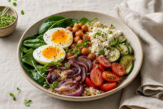 Protein-Bowl mit Ei, Kichererbsen und Feta