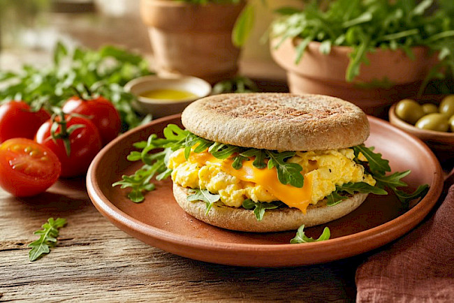 Frühstücks-Sandwich mit Rührei und Käse