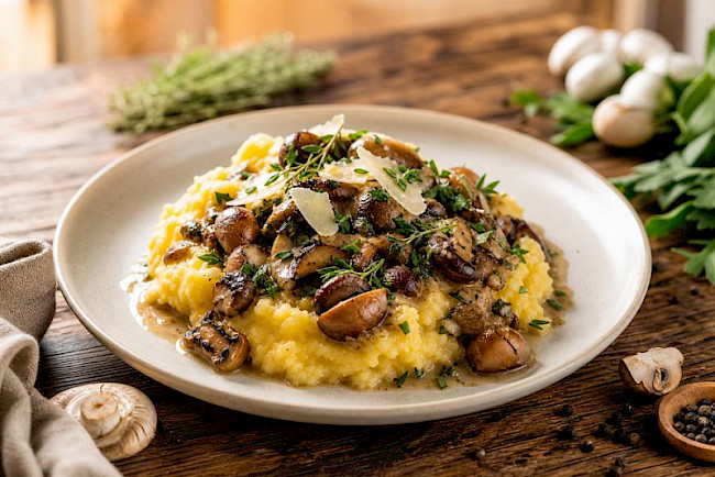 Bergkäse-Polenta mit Pilzragout