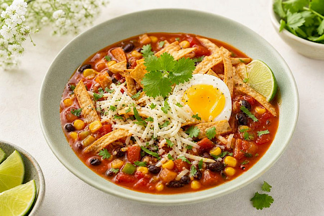 Mexikanische Tortillasuppe mit Käse und Ei