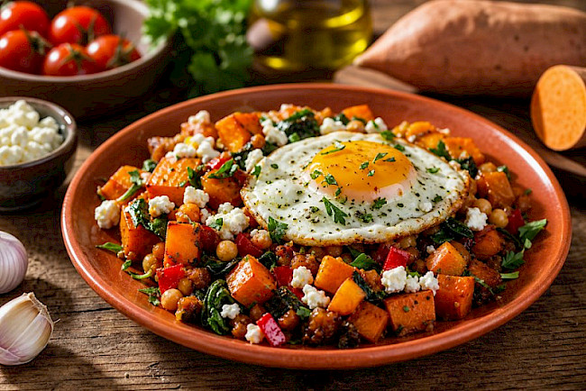 Süßkartoffel-Hash mit Ei und Feta