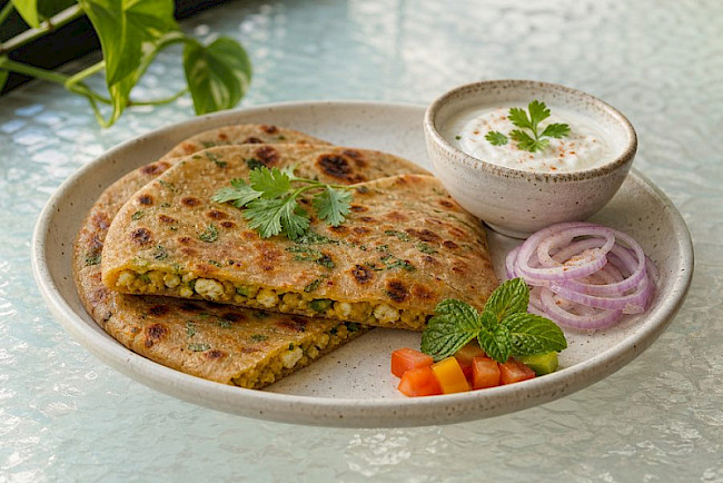 Paneer Paratha mit Joghurt